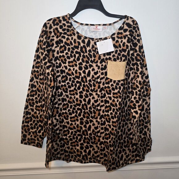 Quacker Factory Leopard Print Raglan Sleeve Top w/ Faux Color Brown Sz 1X - Picture 1 of 5
